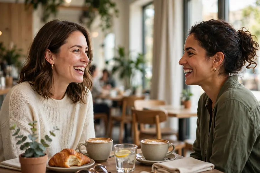 A woman sitting in a bright café, talking with a friend over coffee