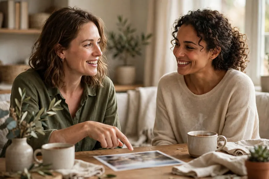 A woman talking with a friend at home, pointing to a photograph as she finds the words she wants
