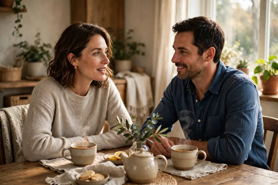 A woman talking with her husband across a dining table at home, cups of tea between them