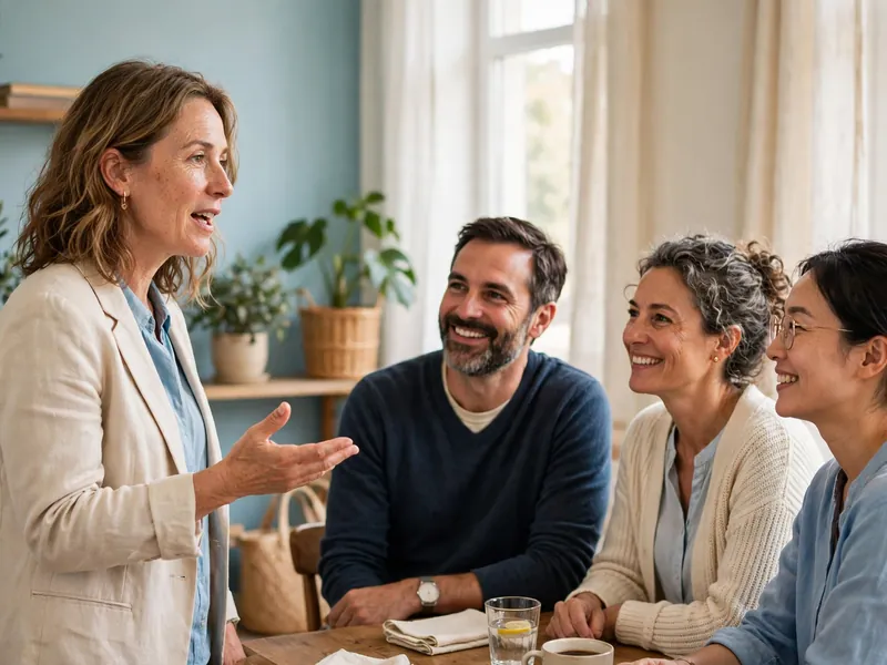 A woman speaking confidently to a small group