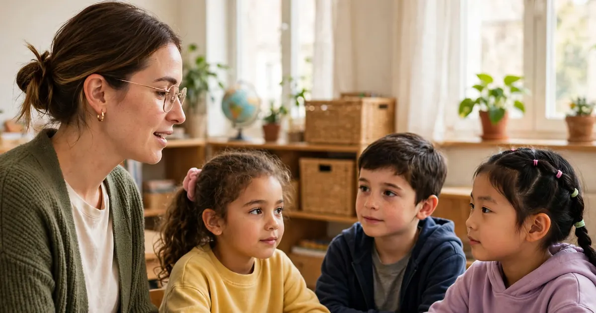 A woman teacher speaking calmly to a small class of children in a bright classroom