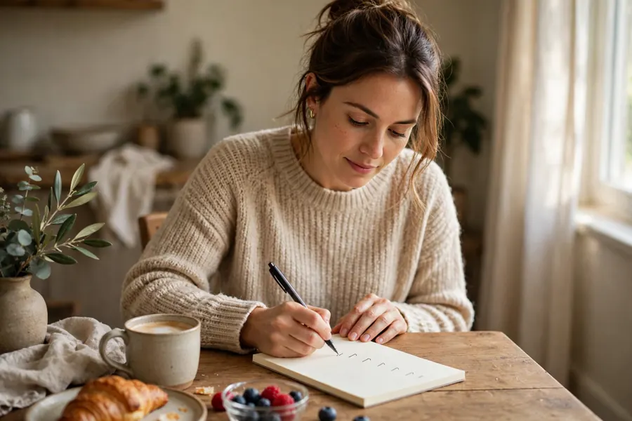 A woman writing a short list at the breakfast table at home