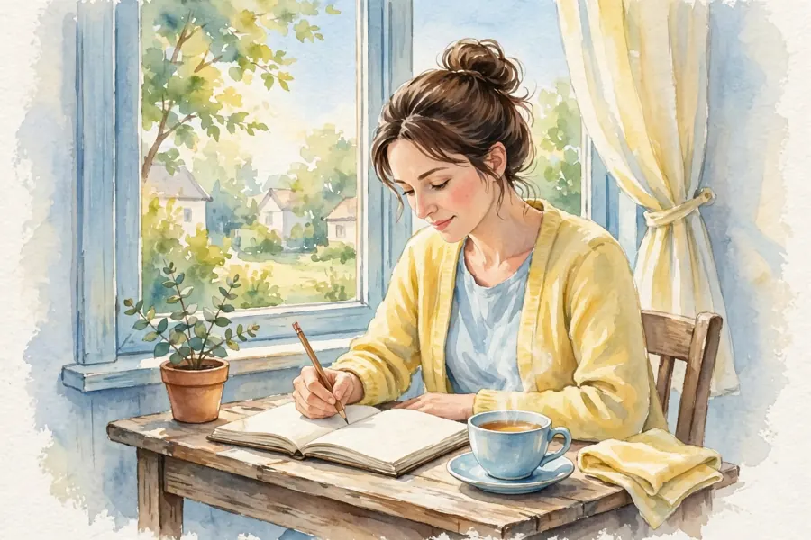A woman sitting at a desk at home, writing slowly and thoughtfully in a notebook