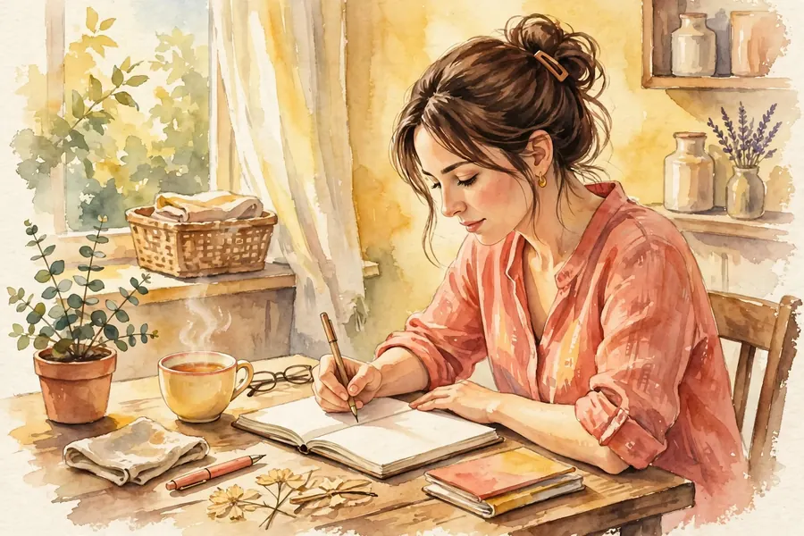 A woman sitting at a table at home, writing notes in a notebook with a pen