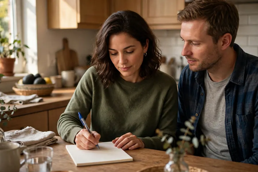A woman writing a short note at the kitchen table to save her voice while it rests