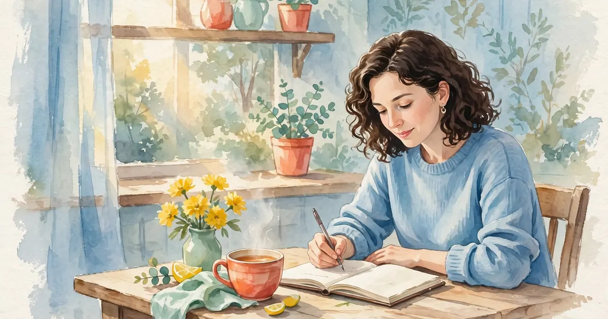 A woman sitting at a kitchen table at home, writing questions in a notebook before an appointment