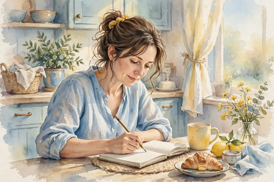 A woman sitting at a kitchen table writing a shopping list in a notebook, with a mug of tea beside her
