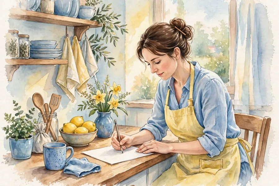 A woman writing a shopping list on paper at a kitchen counter at home