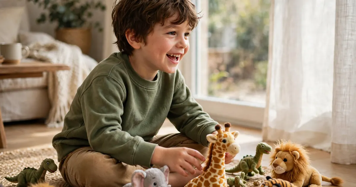 A young child chatting happily while playing with toy animals on the floor at home